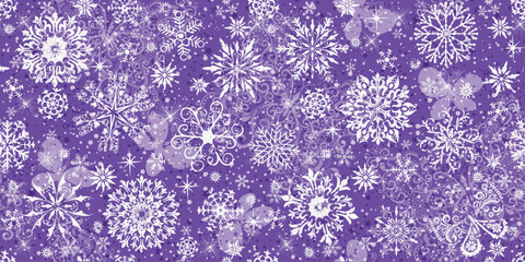 Vector seamless Christmas pattern with white snowflakes and butterflies on a purple background with stars