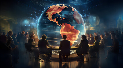 Merge the past and the future by visualizing aged international leaders convening around a technologically inspired globe, representing the continuity of global leadership