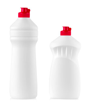 Set of White plastic bottles with liquid laundry detergent, cleaning agent, bleach or fabric softener isolated on white background