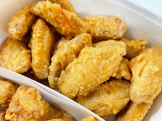 closeup fried chicken wings in a white paper box