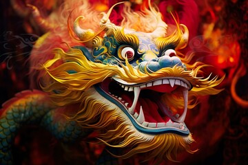 close-up of chinese new year multi colored dragon lion  - obrazy, fototapety, plakaty