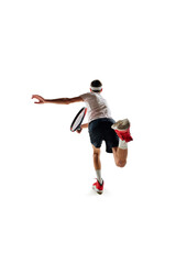 Back view image of young man in motion with racket, tennis player during game, training isolated over white background. Concept of sport, hobby, active and healthy lifestyle, competition