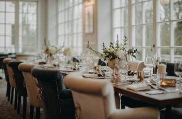 Elegant, romantic table setting for indoor wedding reception. Luxury wedding table decoration,...