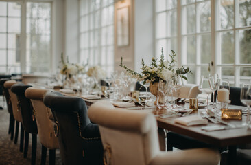 Elegant, romantic table setting for indoor wedding reception. Luxury wedding table decoration, special event table set up with fresh flowers arragements.