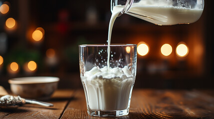Pouring milk in glass from a bottle on a wooden neutral background with space for text, copy space. - obrazy, fototapety, plakaty