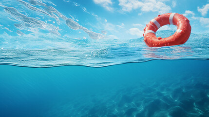 Life buoy on the sea surface - obrazy, fototapety, plakaty