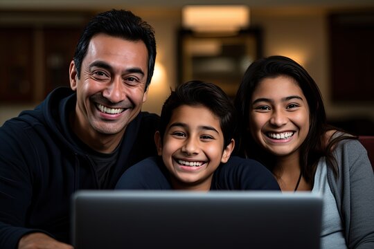 An Indian Family Happily Using A Laptop Together At Home, Parents And Their Son Enjoying Technology.