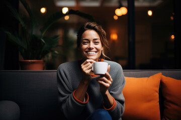 A happy woman with a mug of hot tea, having rest on a sofa, looking cheerful.