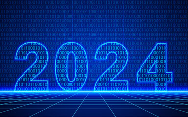 2024 number and binary code with neon outline scene on Futuristic technological grid background. Digital cyber space design, cyberpunk technology, Virtual reality, science fiction matrix backdrop