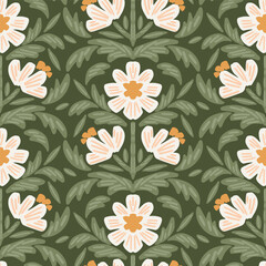 Hand drawn flowers forming a cute damask pattern in olive green,off white,peach on a forest green background forming a seamless vector pattern. Great for homedecor,fabric,wallpaper,giftwrap,stationery
