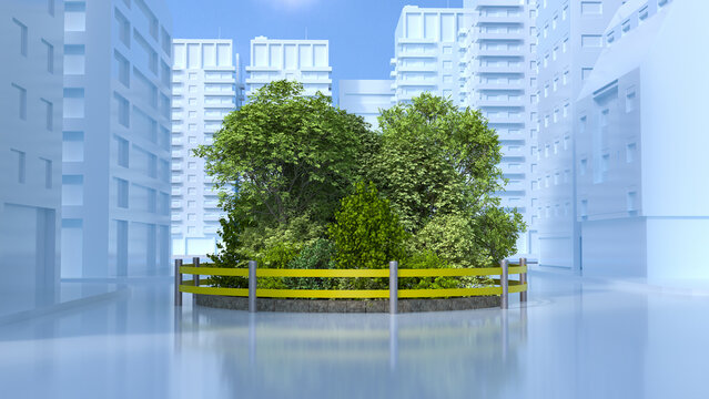 3d render of small fenced grove in middle of city