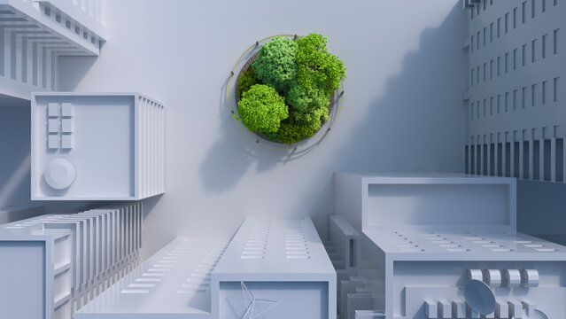 3d render of small fenced grove in middle of city