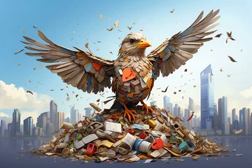 Foto op Canvas Illustration, a bird made of garbage with wings outstretched in a garbage dump © Victoria