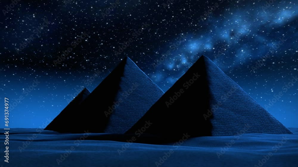 Wall mural the camera moves in a semicircular path in front of three pyramids in the desert at night with a sky