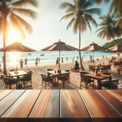 Empty wood table with restaurant on the beach at sunset