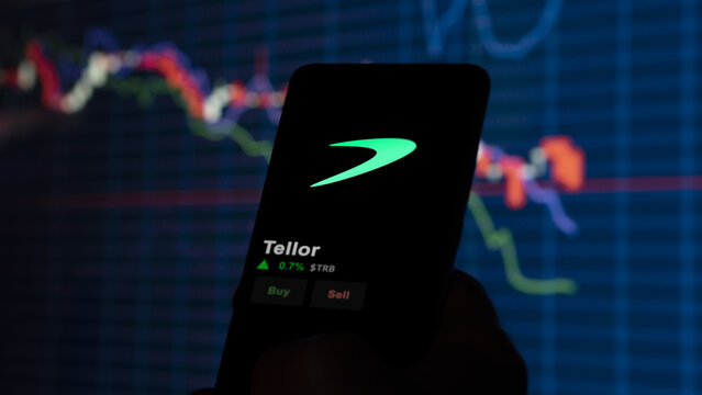 November 17th 2023. An investor analyzing the price of Tellor, the token coin $TRB on a crypto exchange sreen.