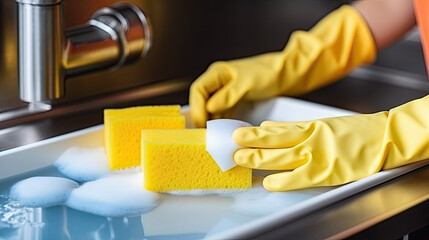 Close up of female hands in yellow protective rubber gloves washing white plate with cleaning sponge in kitchen sink - obrazy, fototapety, plakaty