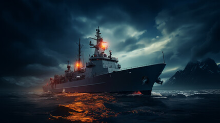 War concept. Night battle scene at sea. Silhouette of the battle ship in night. - obrazy, fototapety, plakaty