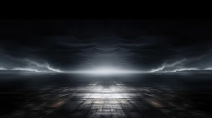 Fototapeta premium A dark room with light coming from the ceiling. This atmospheric image is perfect for illustrating concepts of illumination, hope, revelation, or mystery in design projects and presentations.