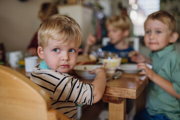 Little baby eating breakfast in high chair in home kitchen. Healthy breakfast or snack before day...