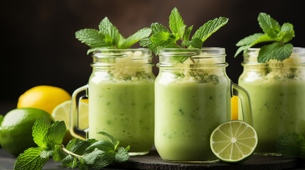 Blended green smoothie with ingredients on wooden table