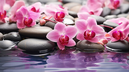 Obraz na płótnie Canvas Spa background with pink orchids and pebbles