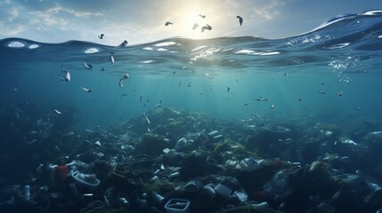 a scene illustrating the impact of plastic pollution in oceans, with marine life 