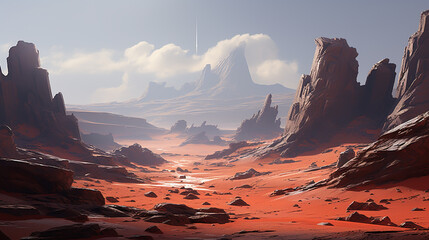 Landscape on the planet Mars, surface is a picturesque desert on red planet. artwork