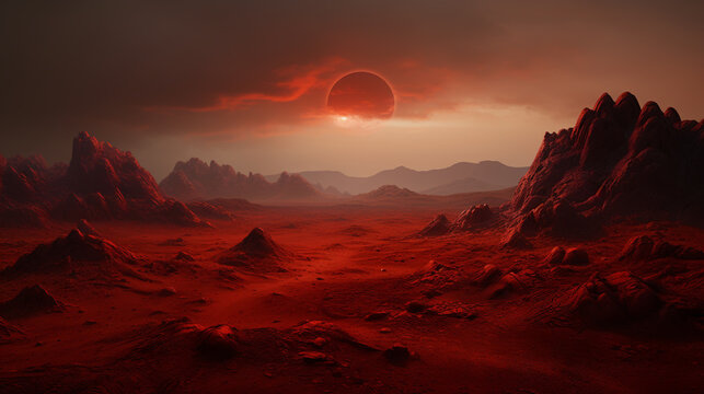 Landscape on the planet Mars, surface is a picturesque desert on red planet. artwork