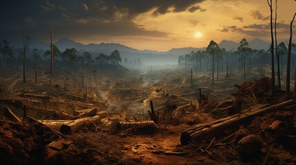 image portraying the devastating effects of deforestation, featuring barren landscapes and the loss of biodiversity due to human activities - obrazy, fototapety, plakaty