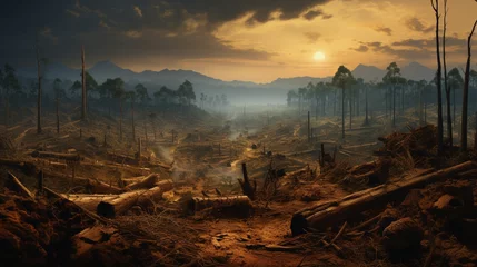 Fototapete image portraying the devastating effects of deforestation, featuring barren landscapes and the loss of biodiversity due to human activities © Ghouri