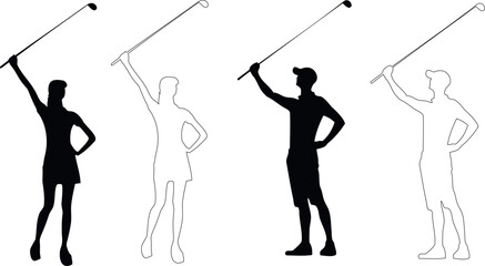 Golf swing sequence, vector illustration. Four distinct phases of golfer’s swing motion, perfect for sports design themes, instructional materials. Clear silhouettes showing movement, posture. Ideal f