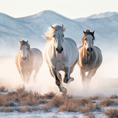 group of three wild horses running towards the camera over a dry plain