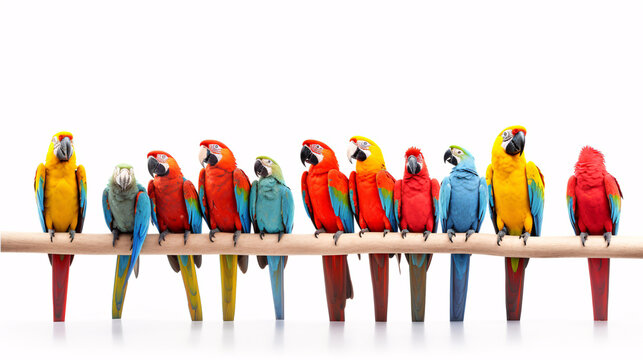 Group of colorful parrots on a white background. Generative ai 