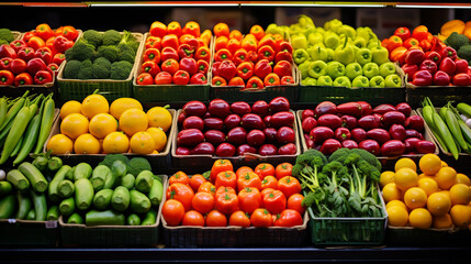 Naklejka na ściany i meble big choice of fresh fruits and vegetables on market counter