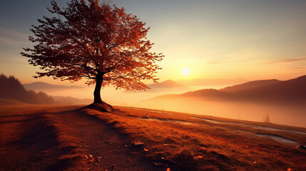 Fototapeta na wymiar a lonely tree at a fiery sunset in a field