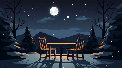 Patio garden furniture, wooden table and chairs covered with snow in winter, UK - obrazy, fototapety, plakaty