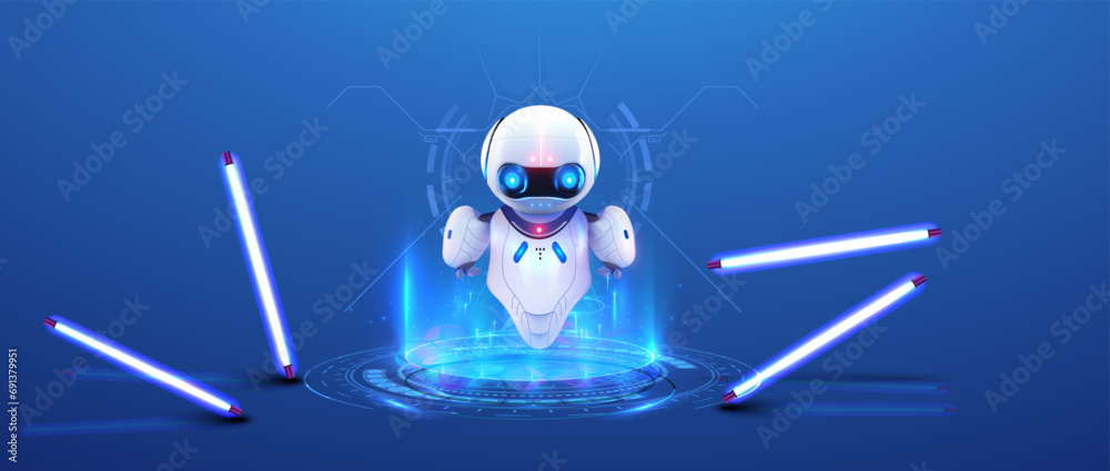 Fototapete Futuristic Robot Assistance Concept with Interactive Holographic Interface. 3D artificial intelligence. Digital brain neural network. Hologram of a robot in the field of teleportation. Vector
