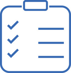 Minimalist clipboard icon, blue outline, white background, checklist, three checkmarks, simple design, vector 