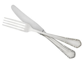 Silver cutlery knife and fork isolated on white background