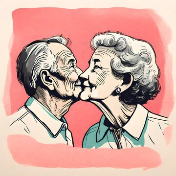 Risograph of a senior couple man and woman kissing and happy