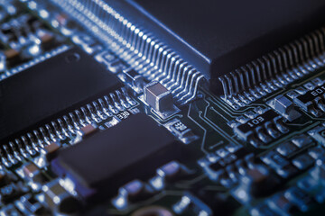 Modern electronic circuit board with processor, integrated circuits and surface mounted passive...