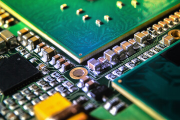 Modern electronic circuit board with processor, integrated circuits and surface mounted passive...