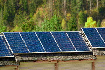 Solar panels installed on the roof of a modern house, creating a green and eco-friendly living space, powered by renewable and clean solar energy. sustainable and energy-efficient.