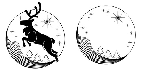 トナカイのシルエットマークと星と円形のフレーム(黒) - obrazy, fototapety, plakaty