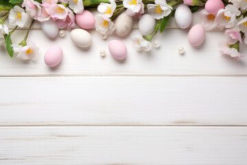 light background for Easter card, white boards, painted eggs, spring flowers
