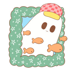 Cute ghosts and goldfish emerge from green frames