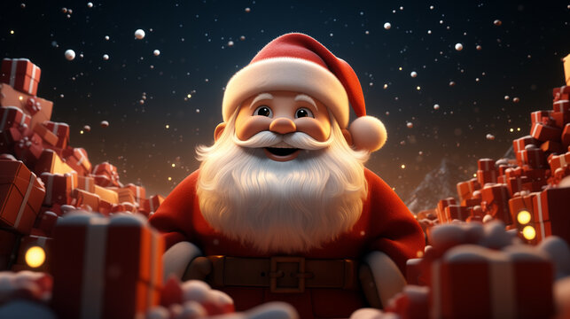 3d cartoon of santa claus with many giftboxes. Generative ai.