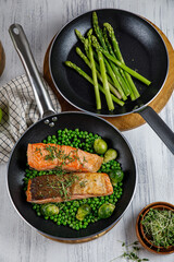Steel frying pans in the kitchen