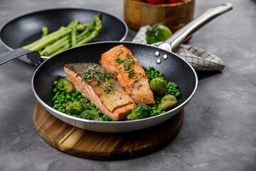 Steel frying pans in the kitchen